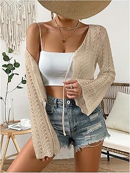 SHENHE Women's Tie Front Cardigan Trumpet Sleeve Pointelle Knit